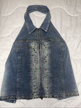 Urban Outfitters Washed Blue Studded Denim Halter Tank